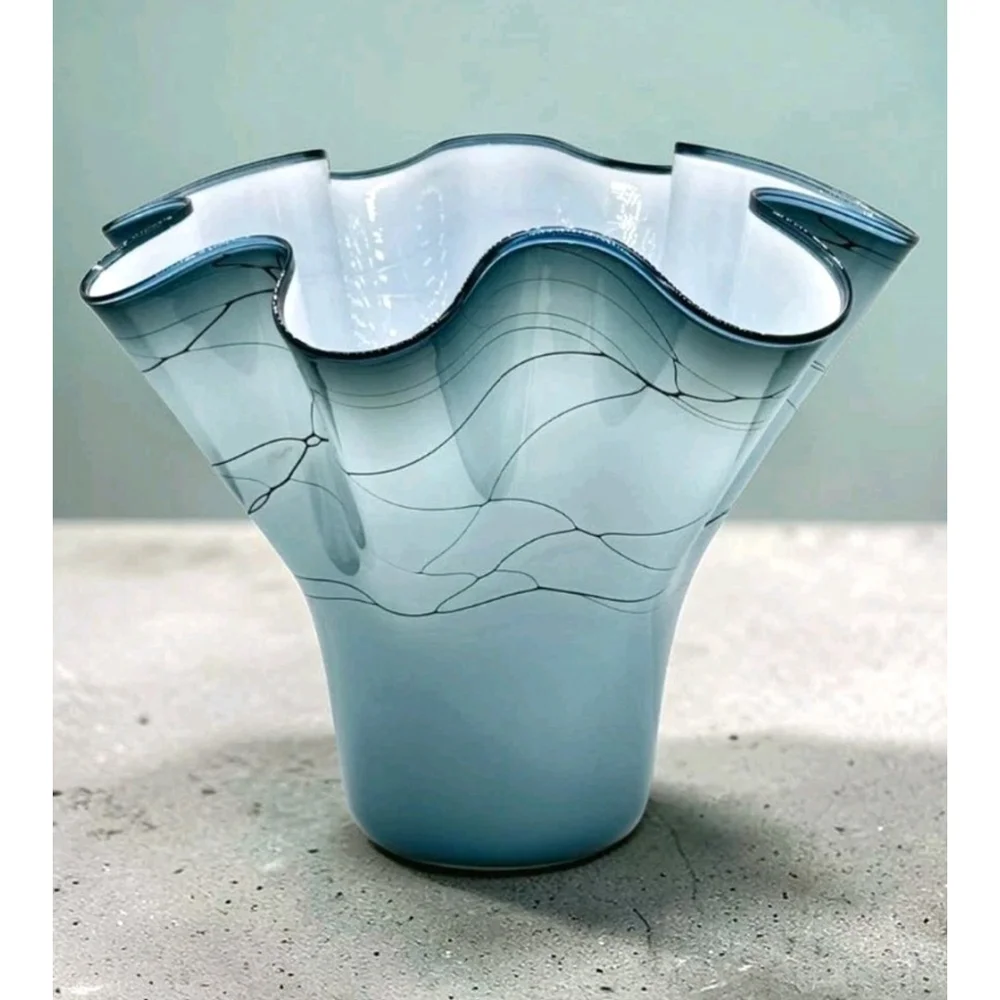 Cascade Creations Studio Art Glass Vase Signed 1996 Aqua Trumpet Flare 14” - Picture 1 of 8